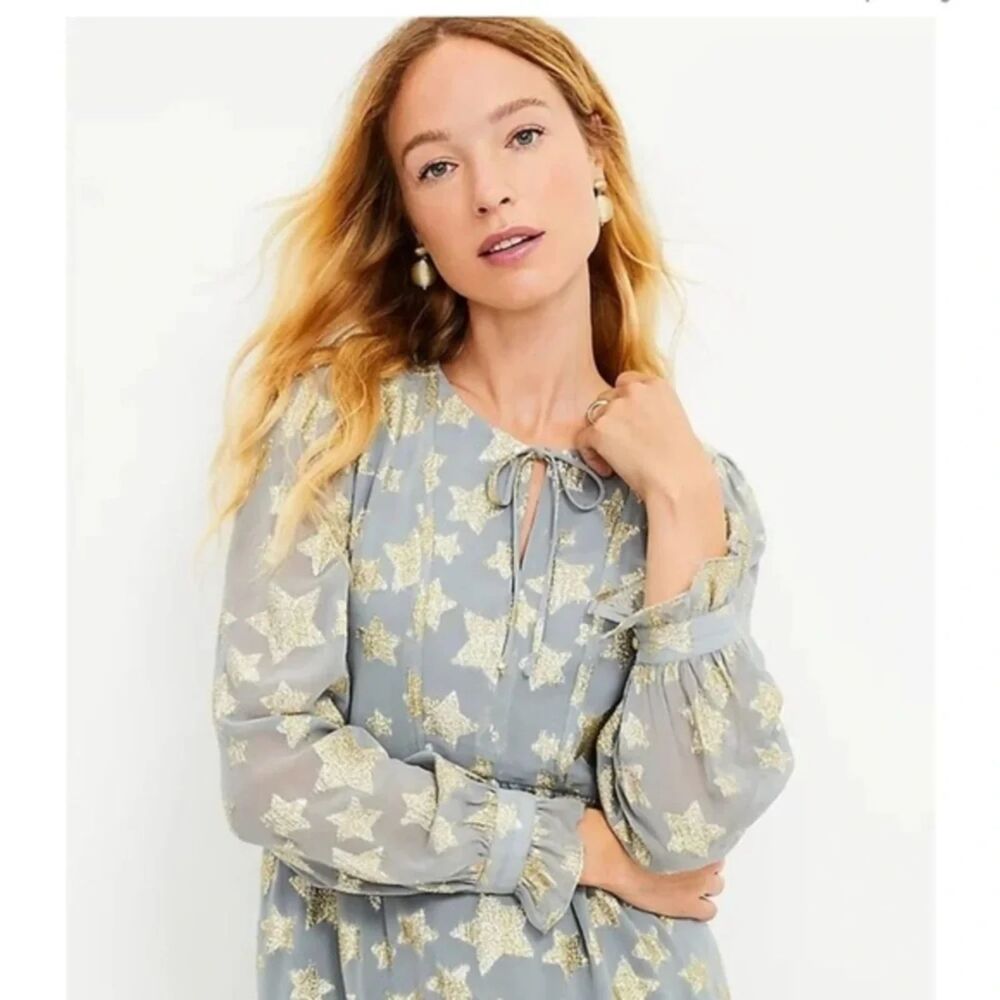 LOFT Shimmer Glitter Star Tiered Long Sleeve Mini Dress Medium